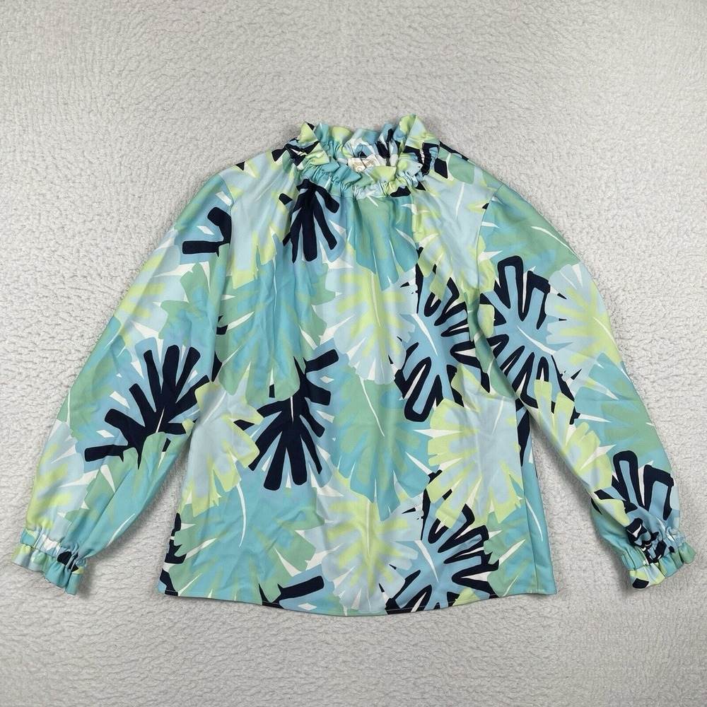 STS Sail to Sable Shirt Womens Small Blue Green Smocked Sleeve Beachy Coastal